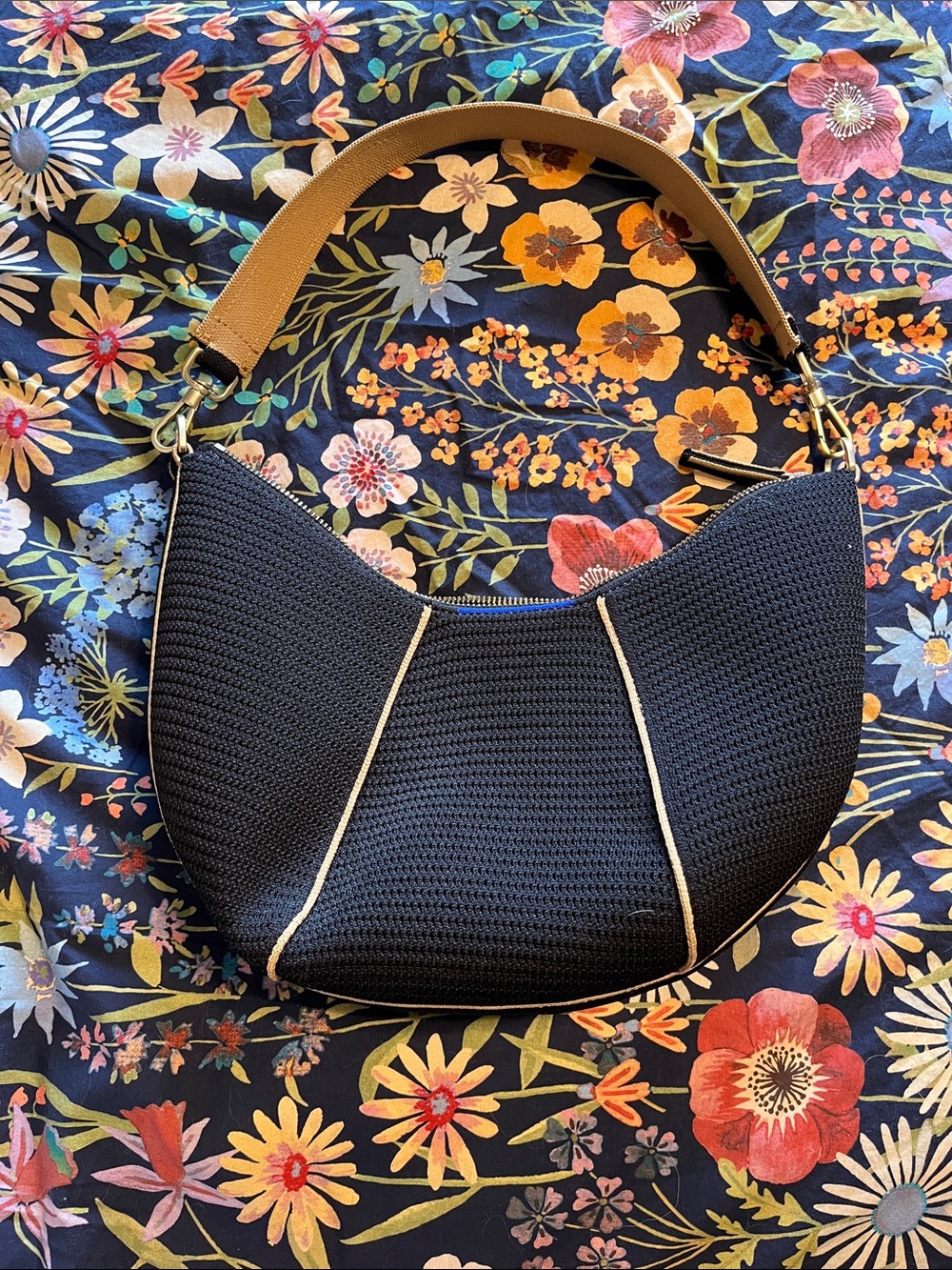 Rothy's Black Crescent Shoulder Bag with Tan Strap